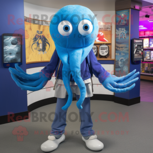 Blue Kraken mascot costume character dressed with a Sweatshirt and Scarf clips