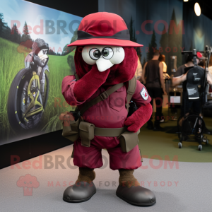 Maroon Sniper mascot costume character dressed with a Shorts and Beanies
