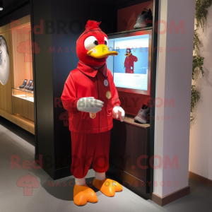 Red Muscovy Duck mascot costume character dressed with a Jumpsuit and Brooches