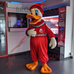 Red Muscovy Duck mascot costume character dressed with a Jumpsuit and Brooches