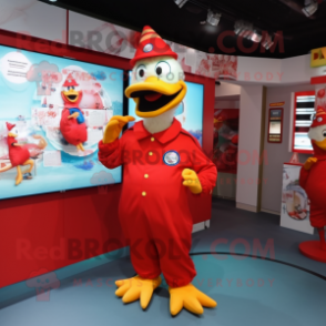 Red Muscovy Duck mascot costume character dressed with a Jumpsuit and Brooches