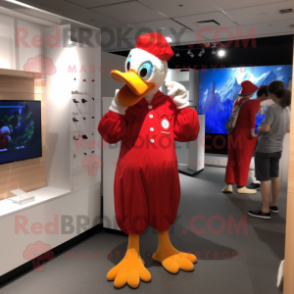 Red Muscovy Duck mascot costume character dressed with a Jumpsuit and Brooches