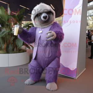 Lavender Giant Sloth mascot costume character dressed with a Cocktail Dress and Tie pins