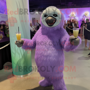 Lavender Giant Sloth mascot costume character dressed with a Cocktail Dress and Tie pins