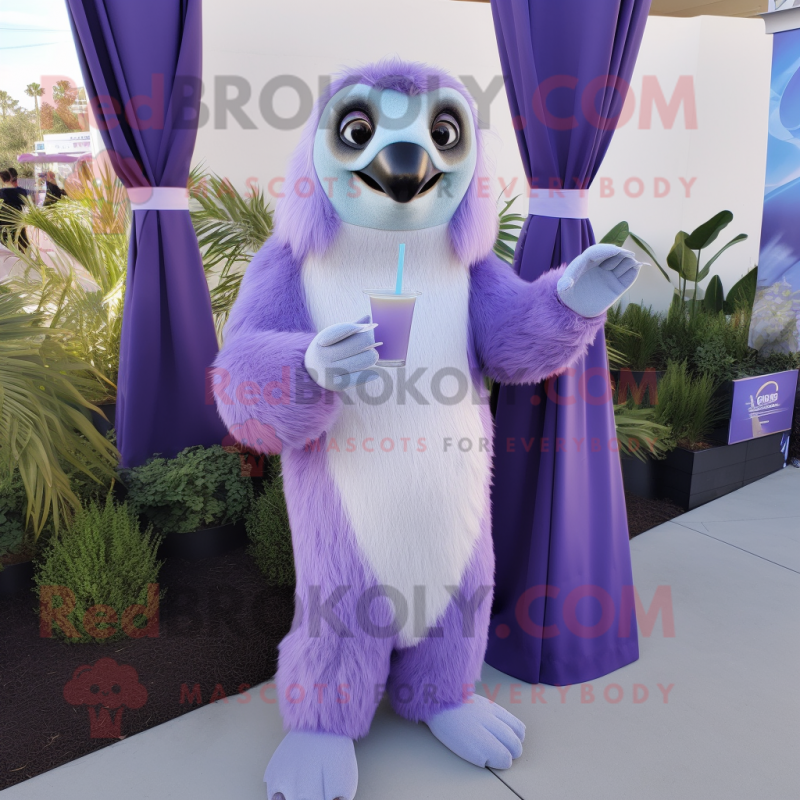 Lavender Giant Sloth mascot costume character dressed with a Cocktail Dress and Tie pins