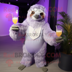 Lavender Giant Sloth mascot costume character dressed with a Cocktail Dress and Tie pins