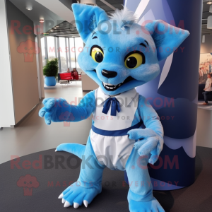 Sky Blue Chupacabra mascot costume character dressed with a Wrap Skirt and Ties