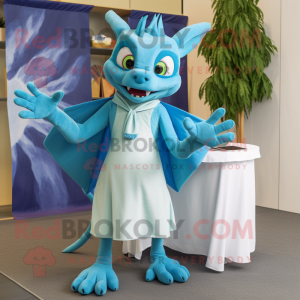 Sky Blue Chupacabra mascot costume character dressed with a Wrap Skirt and Ties