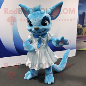 Sky Blue Chupacabra mascot costume character dressed with a Wrap Skirt and Ties