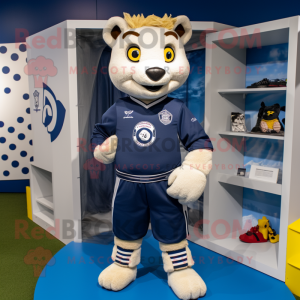 Navy Soccer Goal mascot costume character dressed with a Sweatshirt and Belts