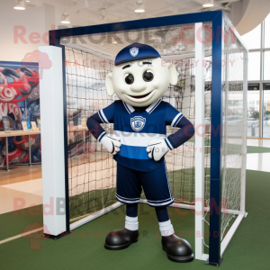 Navy Soccer Goal mascot costume character dressed with a Sweatshirt and Belts