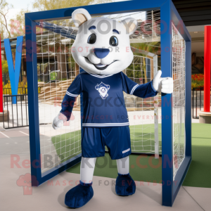 Navy Soccer Goal mascot costume character dressed with a Sweatshirt and Belts