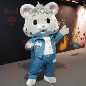 Silver Hamster mascot costume character dressed with a Flare Jeans and Brooches
