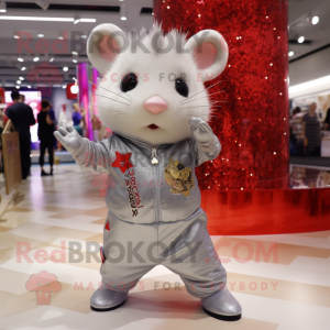 Silver Hamster mascot costume character dressed with a Flare Jeans and Brooches