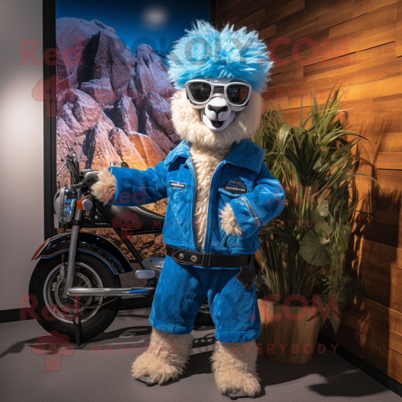 Blue Alpaca mascot costume character dressed with a Moto Jacket and Clutch bags