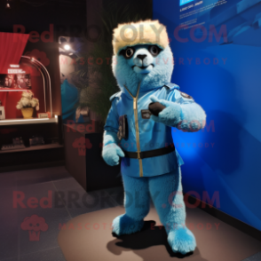 Blue Alpaca mascot costume character dressed with a Moto Jacket and Clutch bags