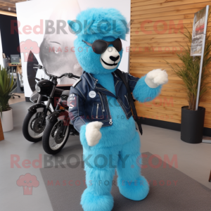 Blue Alpaca mascot costume character dressed with a Moto Jacket and Clutch bags