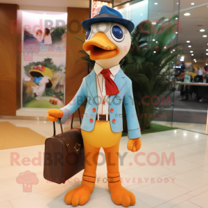 Peach Woodpecker mascot costume character dressed with a Blazer and Messenger bags