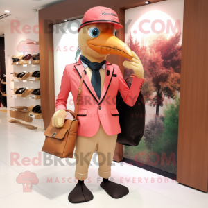 Peach Woodpecker mascot costume character dressed with a Blazer and Messenger bags