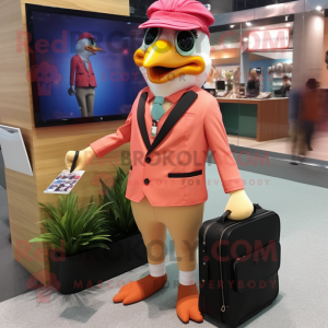 Peach Woodpecker mascot costume character dressed with a Blazer and Messenger bags