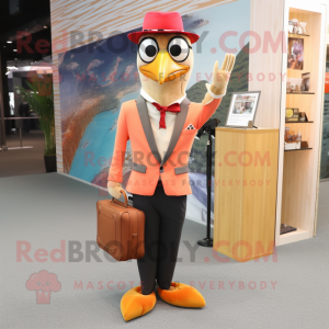 Peach Woodpecker mascot costume character dressed with a Blazer and Messenger bags
