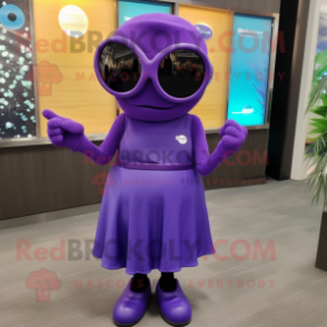 Purple Alliance mascot costume character dressed with a Shift Dress and Sunglasses