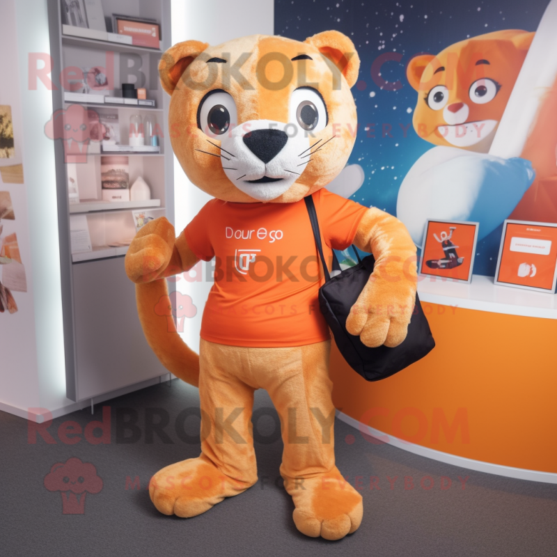 Orange Puma mascot costume character dressed with a Playsuit and Handbags