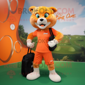 Orange Puma mascot costume character dressed with a Playsuit and Handbags