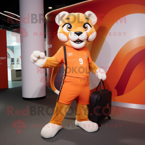Orange Puma mascot costume character dressed with a Playsuit and Handbags