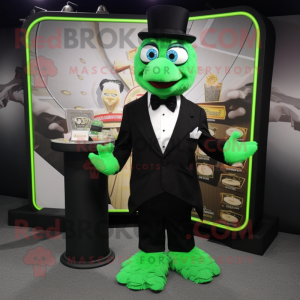 Green Fried Chicken mascot costume character dressed with a Tuxedo and Coin purses