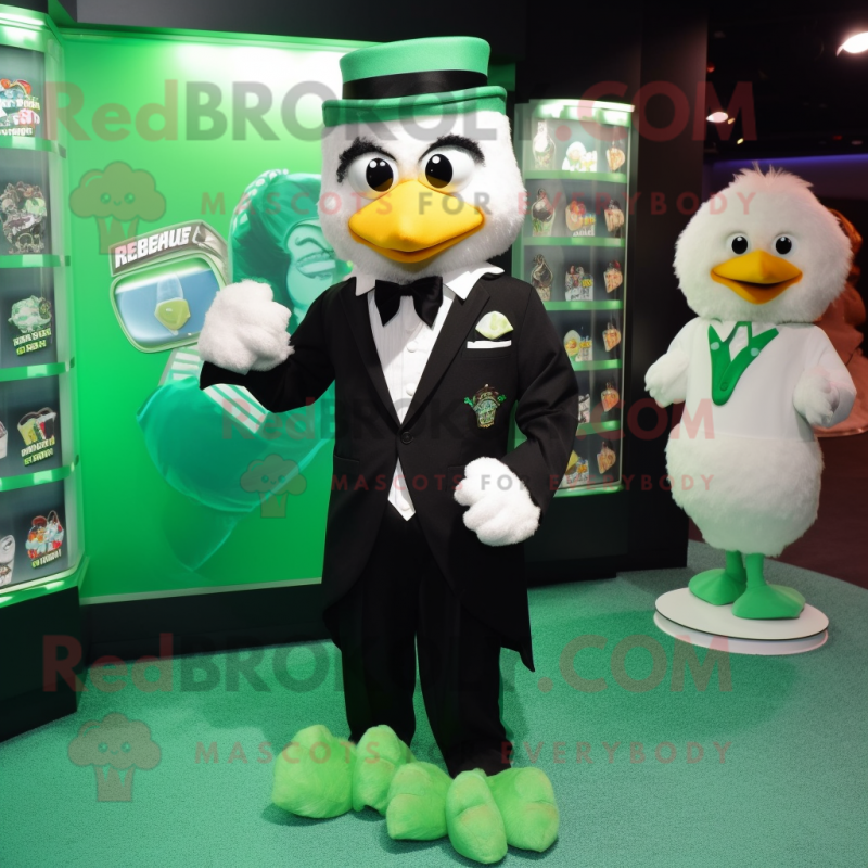 Green Fried Chicken mascot costume character dressed with a Tuxedo and Coin purses Green Fried Chicken mascot costume character dressed with a Tuxedo and Coin purses