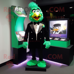 Green Fried Chicken mascot costume character dressed with a Tuxedo and Coin purses