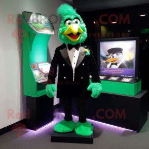 Green Fried Chicken mascot costume character dressed with a Tuxedo and Coin purses