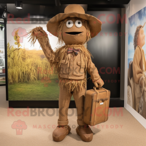 Brown Scarecrow mascot costume character dressed with a Playsuit and Briefcases