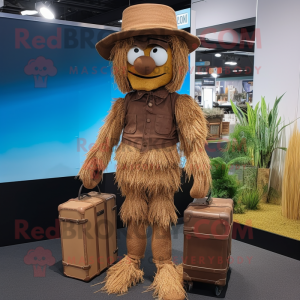 Brown Scarecrow mascot costume character dressed with a Playsuit and Briefcases
