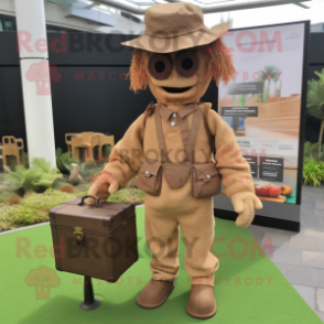 Brown Scarecrow mascot costume character dressed with a Playsuit and Briefcases