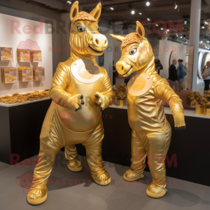 Gold Donkey mascot costume character dressed with a Bodysuit and Coin purses