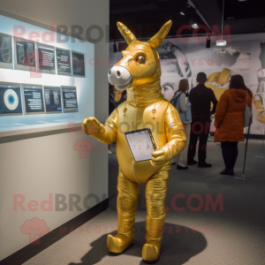 Gold Donkey mascot costume character dressed with a Bodysuit and Coin purses