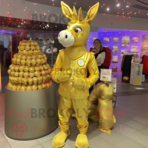 Gold Donkey mascot costume character dressed with a Bodysuit and Coin purses