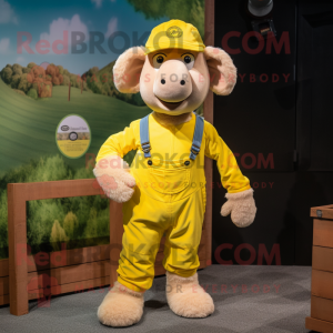 Yellow Merino Sheep mascot costume character dressed with a Overalls and Beanies