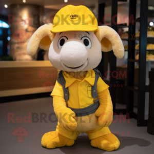 Yellow Merino Sheep mascot costume character dressed with a Overalls and Beanies