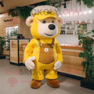 Yellow Merino Sheep mascot costume character dressed with a Overalls and Beanies