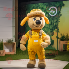 Yellow Merino Sheep mascot costume character dressed with a Overalls and Beanies