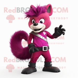 Magenta Skunk mascot costume character dressed with a Chinos and Gloves