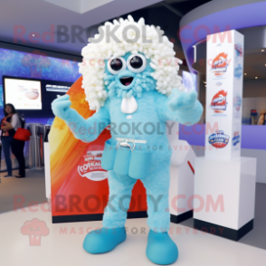 White Fried Calamari mascot costume character dressed with a Flare Jeans and Digital watches