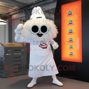 White Fried Calamari mascot costume character dressed with a Flare Jeans and Digital watches