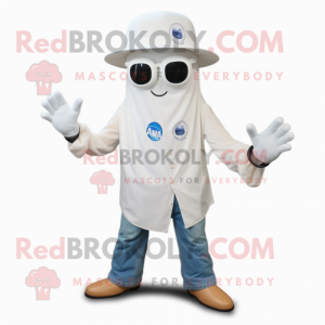 White Fried Calamari mascot costume character dressed with a Flare Jeans and Digital watches