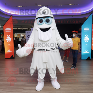 White Fried Calamari mascot costume character dressed with a Flare Jeans and Digital watches