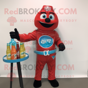 Cyan Bottle Of Ketchup mascot costume character dressed with a Moto Jacket and Bracelet watches