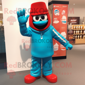 Cyan Bottle Of Ketchup mascot costume character dressed with a Moto Jacket and Bracelet watches